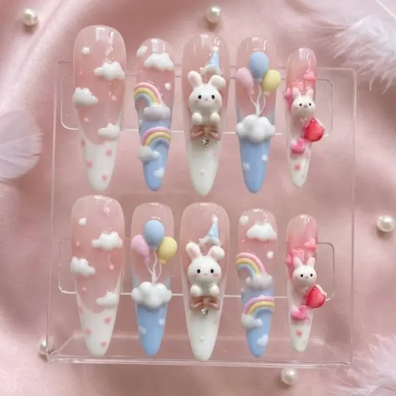 pastel bunny, cloud charm nails, press on nails, custom press on nails, fake nails, Nails Art, stained glass nails, gold press on nails, 3d press on nails, luxury press on nails, handmade press on nails