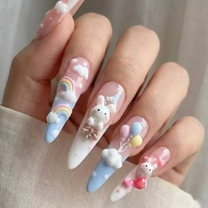 rainbow cloud nails, kawaii pastel, press on nails, custom press on nails, fake nails, Nails Art, stained glass nails, gold press on nails, 3d press on nails, luxury press on nails, handmade press on nails