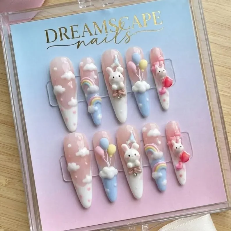 birthday bunny, press on nails, custom press on nails, fake nails, Nails Art, stained glass nails, gold press on nails, 3d press on nails, luxury press on nails, handmade press on nails