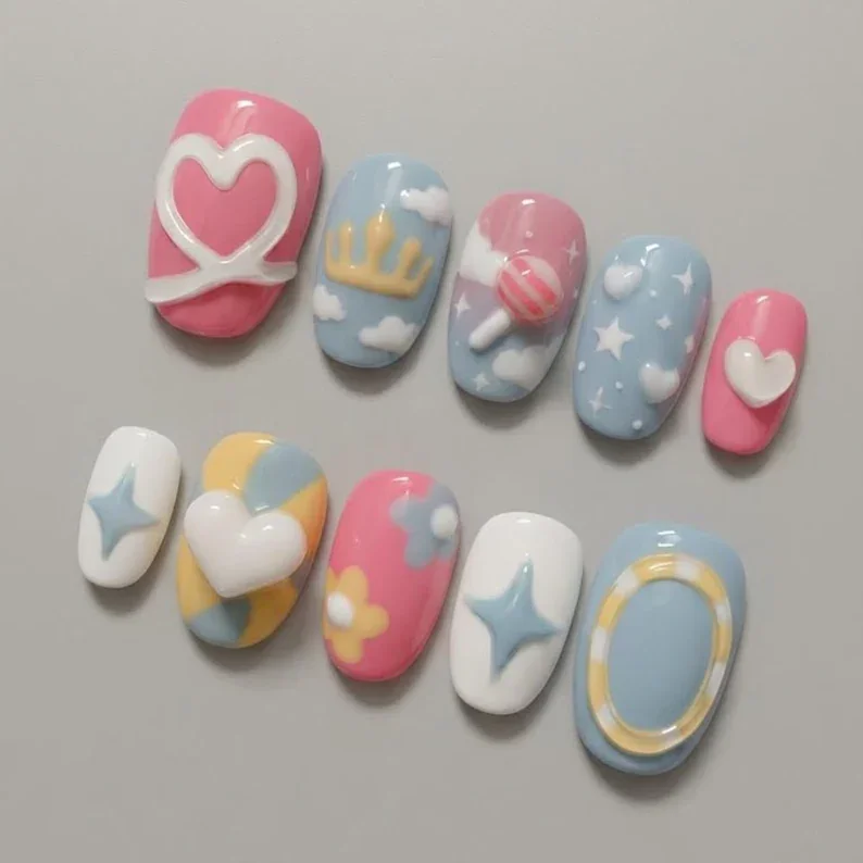 kawaii princess nails, lollipop press on, press on nails, custom press on nails, fake nails, Nails Art, stained glass nails, gold press on nails, 3d press on nails, luxury press on nails, handmade press on nails