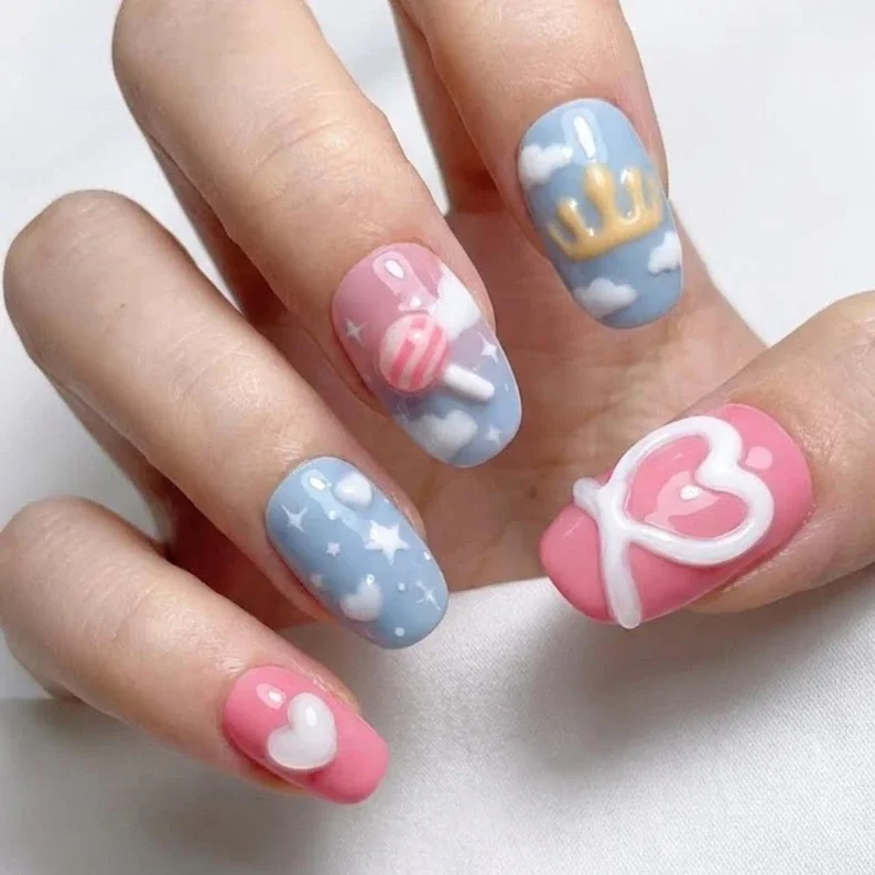 pastel pink nails, sky nail art, press on nails, custom press on nails, fake nails, Nails Art, stained glass nails, gold press on nails, 3d press on nails, luxury press on nails, handmade press on nails