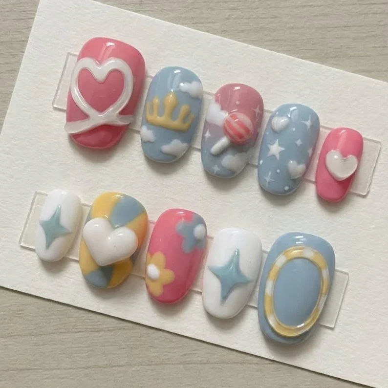 kawaii princess nails, lollipop press on, press on nails, custom press on nails, fake nails, Nails Art, stained glass nails, gold press on nails, 3d press on nails, luxury press on nails, handmade press on nails