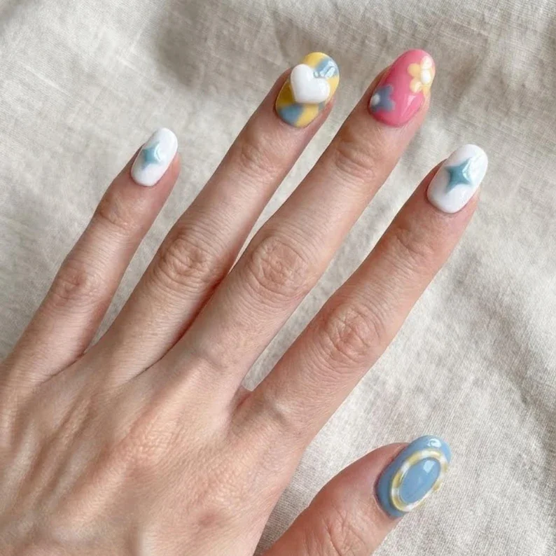3D puffy hearts, 3D puffy stars, press on nails, custom press on nails, fake nails, Nails Art, stained glass nails, gold press on nails, 3d press on nails, luxury press on nails, handmade press on nails