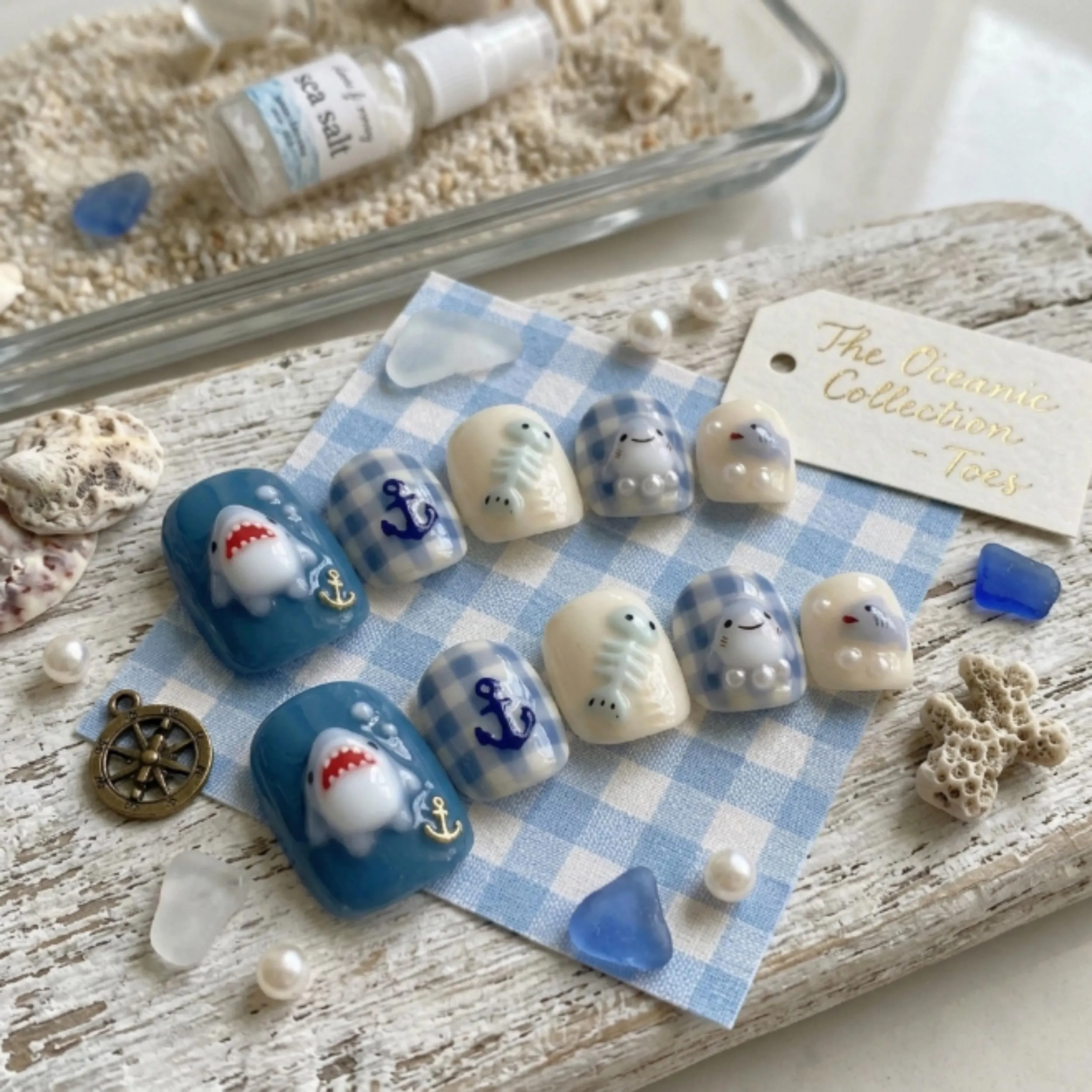 press on toes, blue gingham, press on nails, custom press on nails, fake nails, Nails Art, stained glass nails, gold press on nails, 3d press on nails, luxury press on nails, handmade press on nails