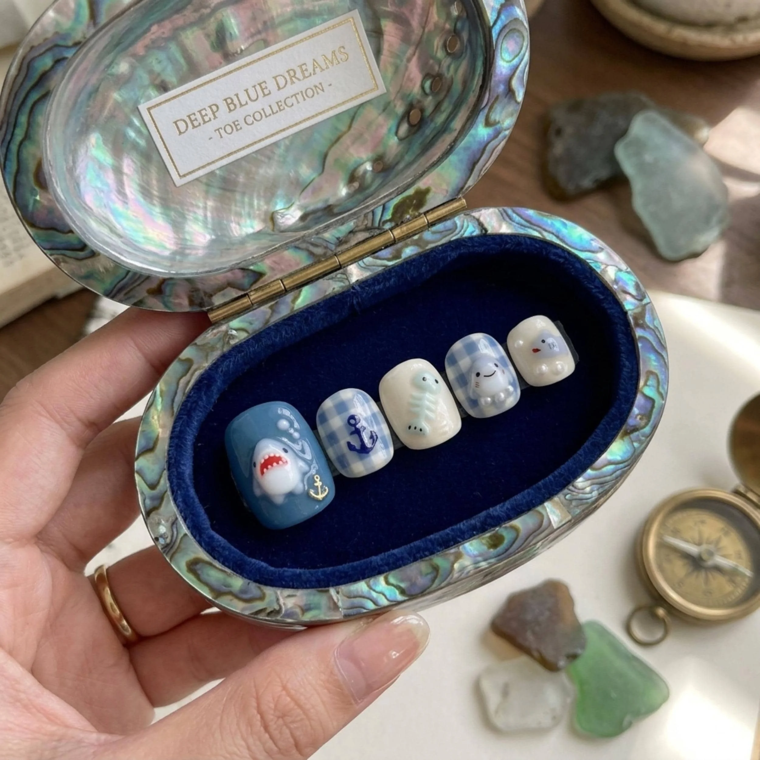 shark theme, summer beach nails, press on nails, custom press on nails, fake nails, Nails Art, stained glass nails, gold press on nails, 3d press on nails, luxury press on nails, handmade press on nails