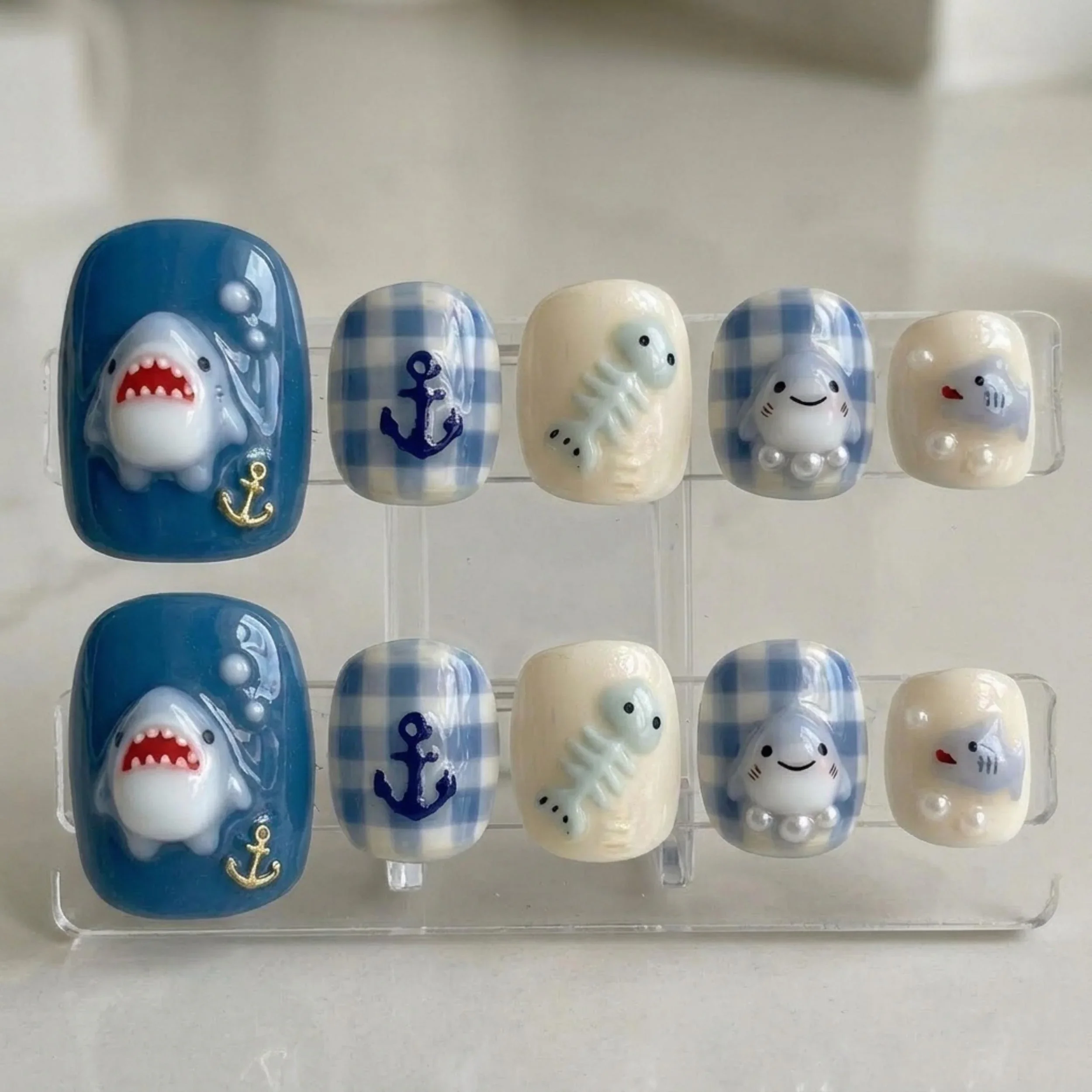kawaii shark week, hand-painted 3d, press on nails, custom press on nails, fake nails, Nails Art, stained glass nails, gold press on nails, 3d press on nails, luxury press on nails, handmade press on nails