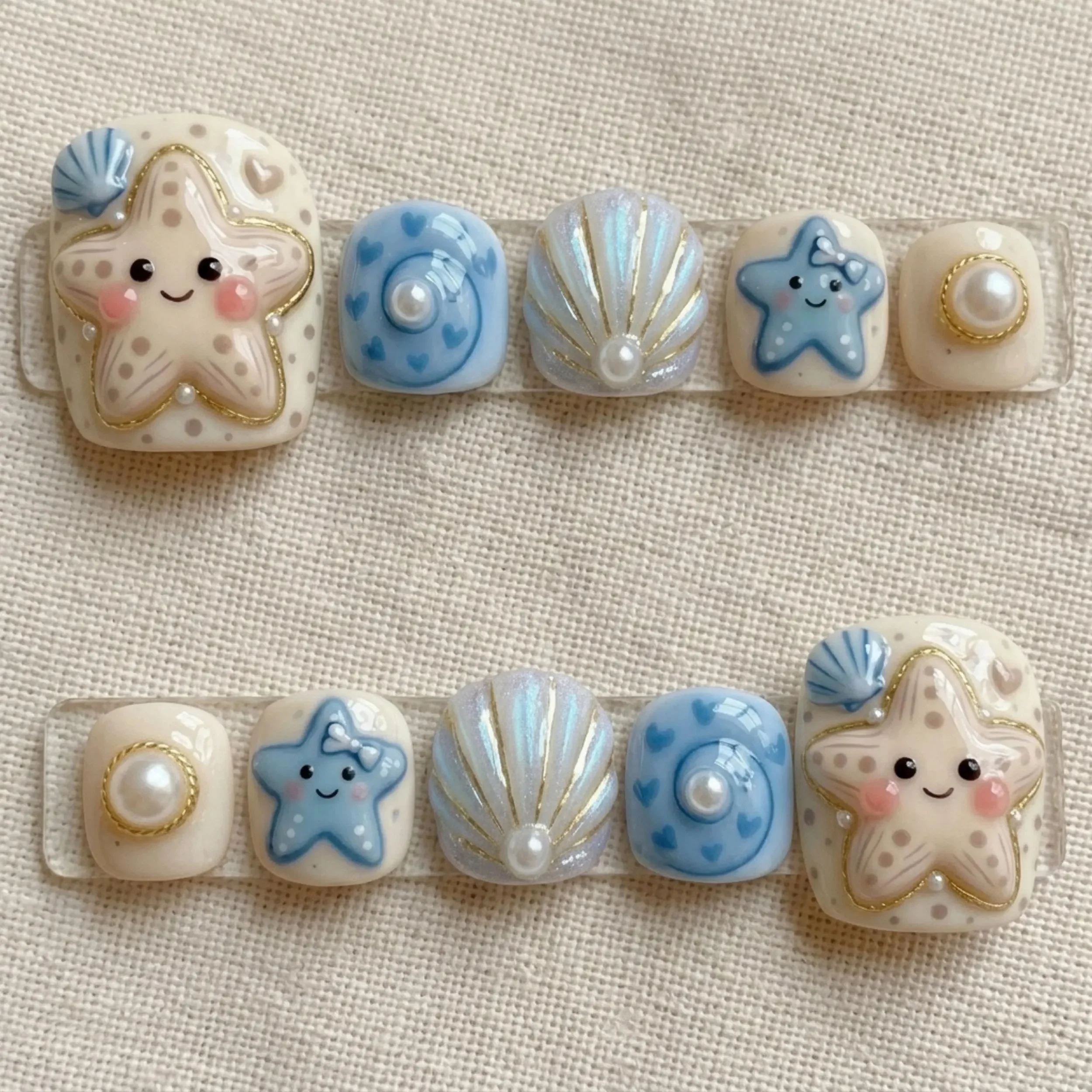 kawaii starfish, shell decor, press on nails, custom press on nails, fake nails, Nails Art, stained glass nails, gold press on nails, 3d press on nails, luxury press on nails, handmade press on nails