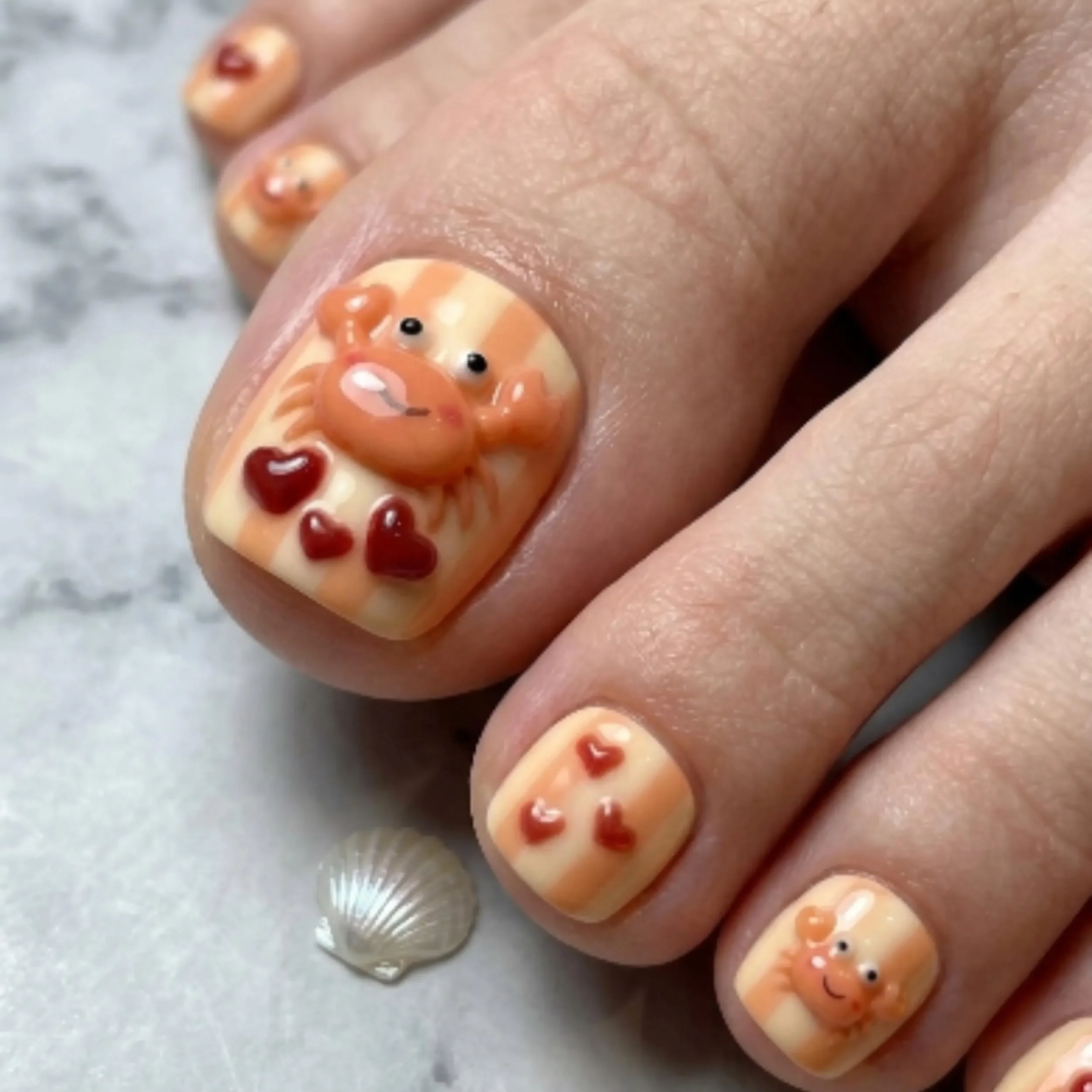 summer pedicure, crab heart design, press on nails, custom press on nails, fake nails, Nails Art, stained glass nails, gold press on nails, 3d press on nails, luxury press on nails, handmade press on nails