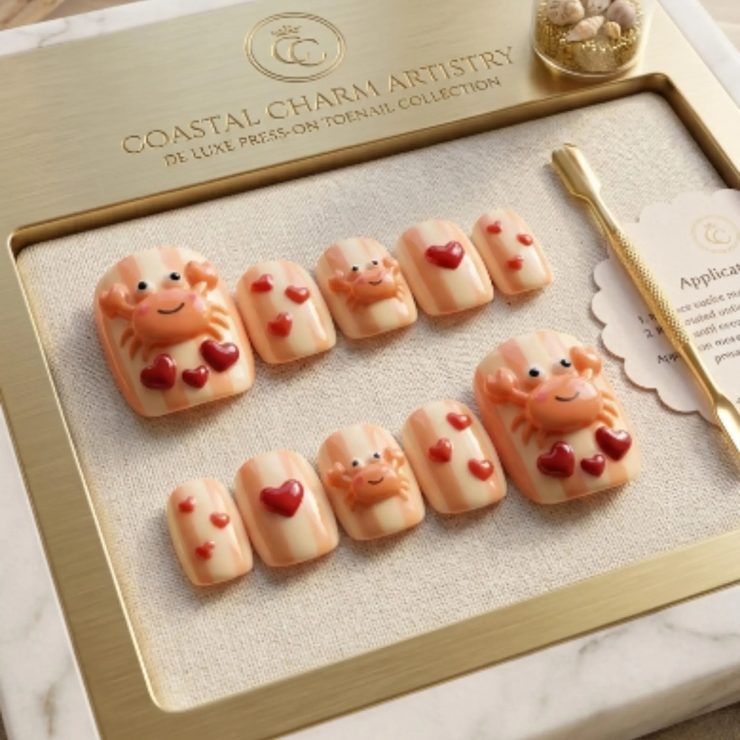 kawaii summer, 3D crab, press on nails, custom press on nails, fake nails, Nails Art, stained glass nails, gold press on nails, 3d press on nails, luxury press on nails, handmade press on nails