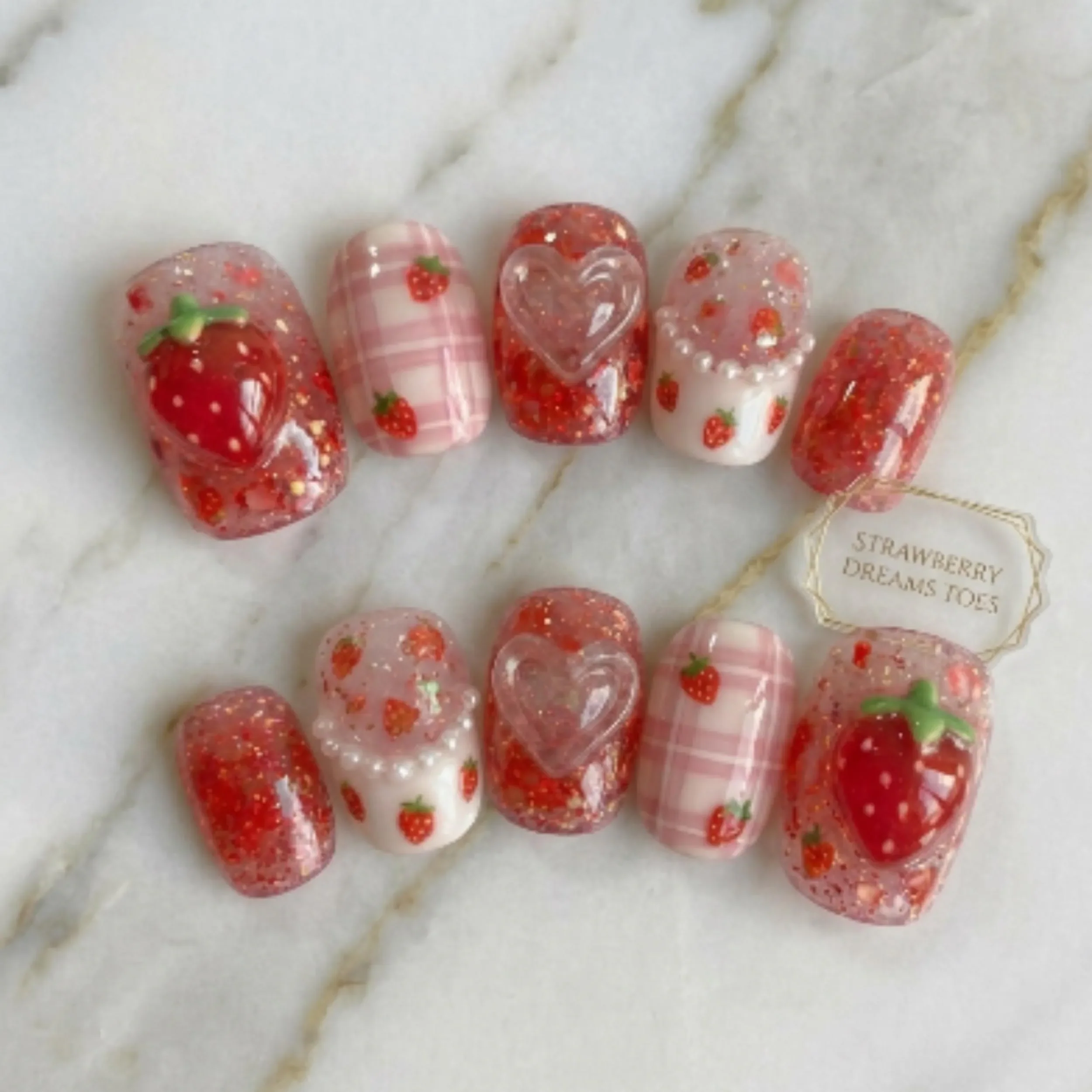 pink gingham, pearl pedicure, press on nails, custom press on nails, fake nails, Nails Art, stained glass nails, gold press on nails, 3d press on nails, luxury press on nails, handmade press on nails