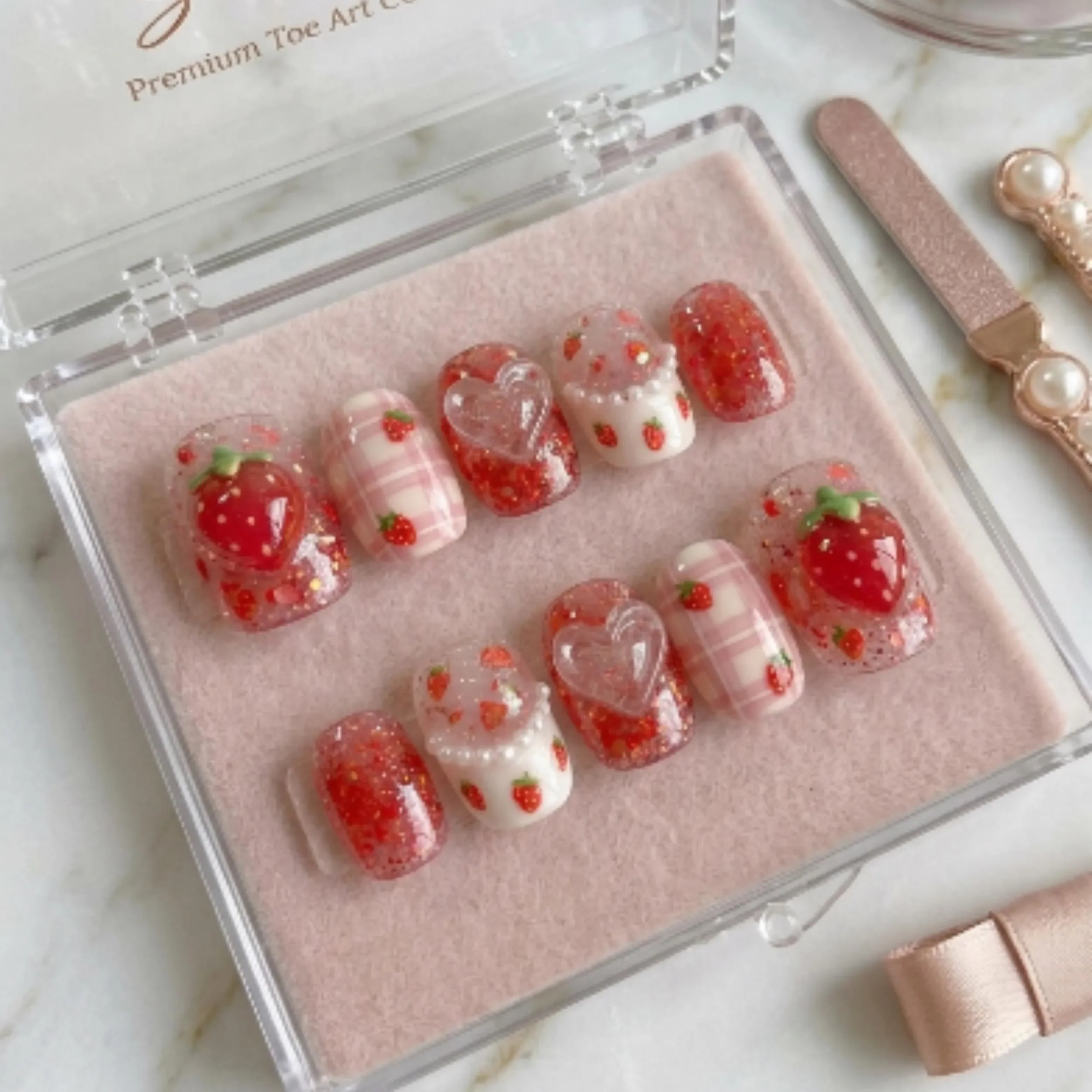kawaii summer, 3D red glitter, press on nails, custom press on nails, fake nails, Nails Art, stained glass nails, gold press on nails, 3d press on nails, luxury press on nails, handmade press on nails