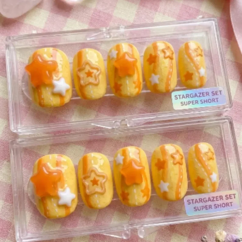 kawaii sunshine stars, super short nails, press on nails, custom press on nails, fake nails, Nails Art, stained glass nails, gold press on nails, 3d press on nails, luxury press on nails, handmade press on nails