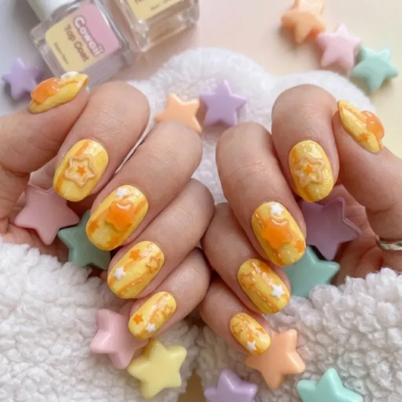 orange jelly nails, star art design, press on nails, custom press on nails, fake nails, Nails Art, stained glass nails, gold press on nails, 3d press on nails, luxury press on nails, handmade press on nails