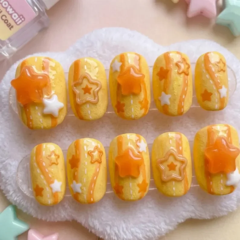 kawaii sunshine stars, super short nails, press on nails, custom press on nails, fake nails, Nails Art, stained glass nails, gold press on nails, 3d press on nails, luxury press on nails, handmade press on nails