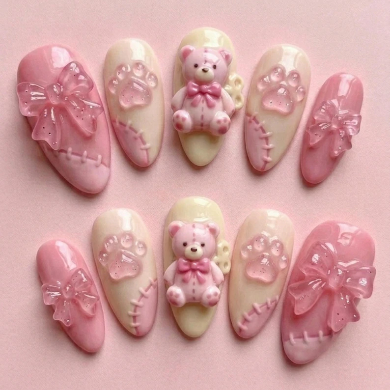 coquette pink bow, press-on nails, press on nails, custom press on nails, fake nails, Nails Art, stained glass nails, gold press on nails, 3d press on nails, luxury press on nails, handmade press on nails