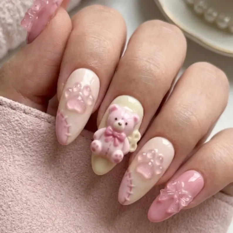 teddy bear nails, coquette nails, press on nails, custom press on nails, fake nails, Nails Art, stained glass nails, gold press on nails, 3d press on nails, luxury press on nails, handmade press on nails