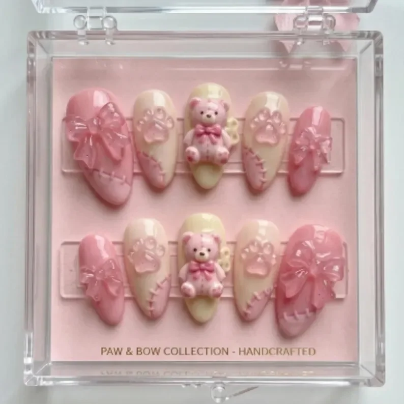 pink bow manicure, kawaii teddy bear, press on nails, custom press on nails, fake nails, Nails Art, stained glass nails, gold press on nails, 3d press on nails, luxury press on nails, handmade press on nails