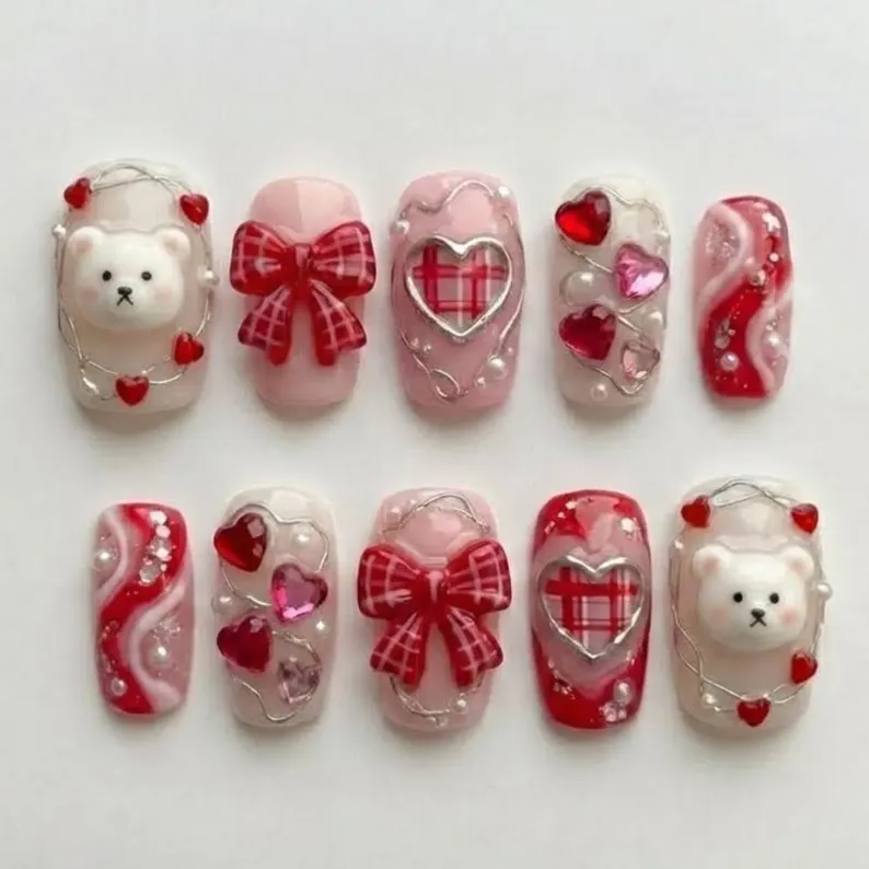 valentine nail design, cute teddy nails, press on nails, custom press on nails, fake nails, Nails Art, stained glass nails, gold press on nails, 3d press on nails, luxury press on nails, handmade press on nails