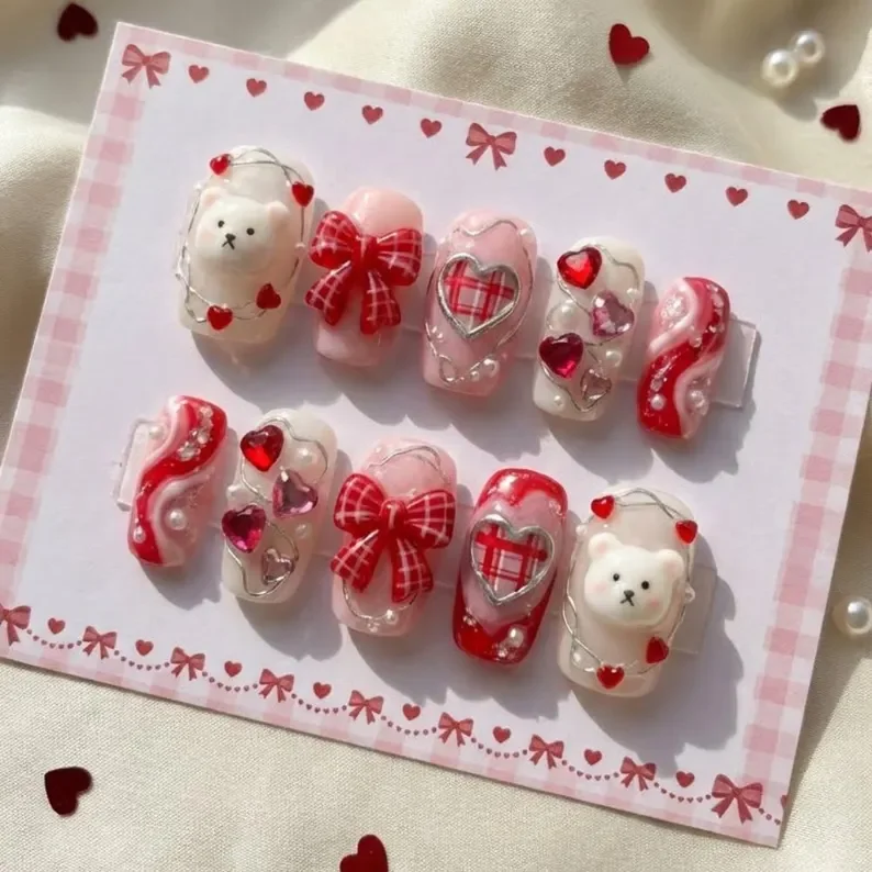 3D teddy bear, gingham bow, press on nails, custom press on nails, fake nails, Nails Art, stained glass nails, gold press on nails, 3d press on nails, luxury press on nails, handmade press on nails