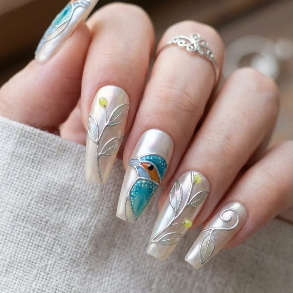 teal and silver, nature mosaic, press on nails, custom press on nails, fake nails, Nails Art, stained glass nails, gold press on nails, 3d press on nails, luxury press on nails, handmade press on nails