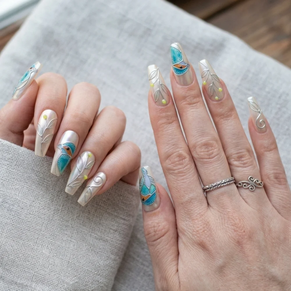 bird lovers gift, kingfisher bird nails, press on nails, custom press on nails, fake nails, Nails Art, stained glass nails, gold press on nails, 3d press on nails, luxury press on nails, handmade press on nails