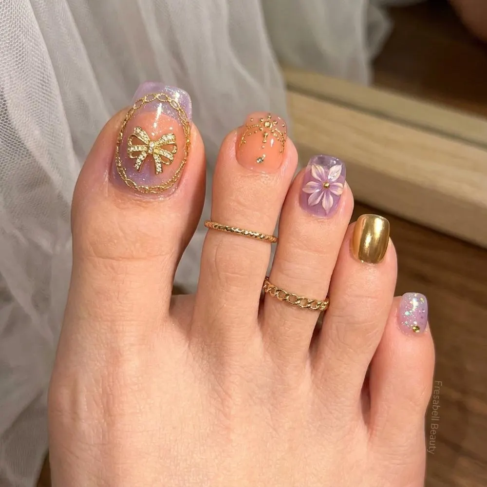 lavender gold, 3D flower, press on nails, custom press on nails, fake nails, Nails Art, stained glass nails, gold press on nails, 3d press on nails, luxury press on nails, handmade press on nails