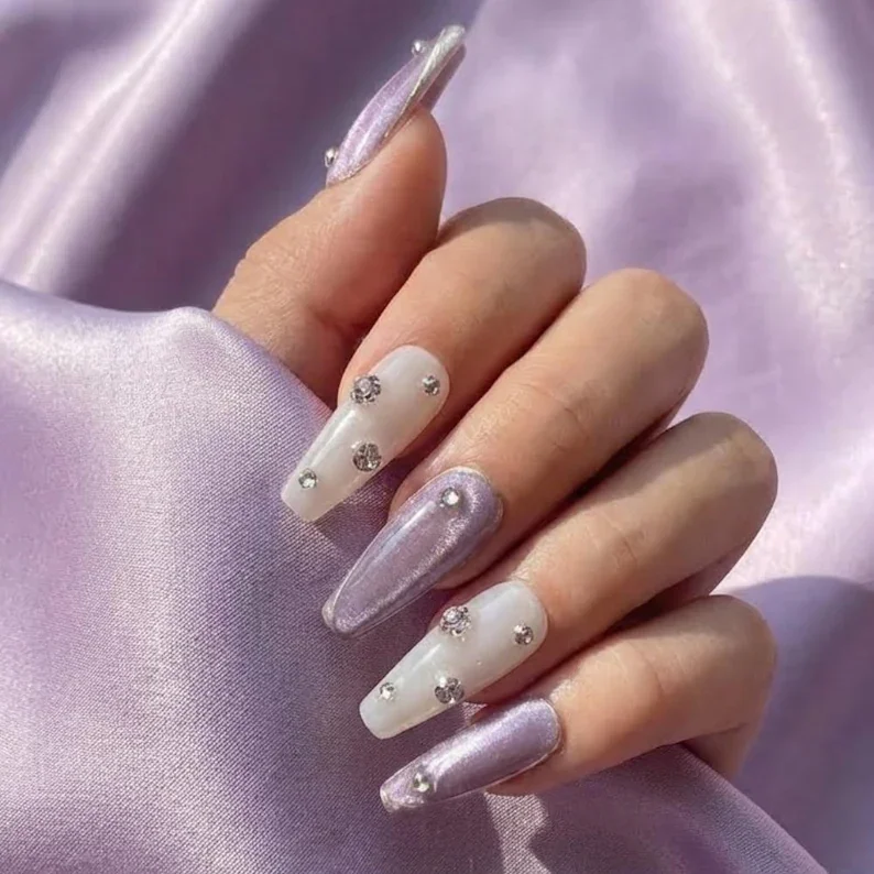 silver rhinestones, faux nail set, press on nails, custom press on nails, fake nails, Nails Art, stained glass nails, gold press on nails, 3d press on nails, luxury press on nails, handmade press on nails
