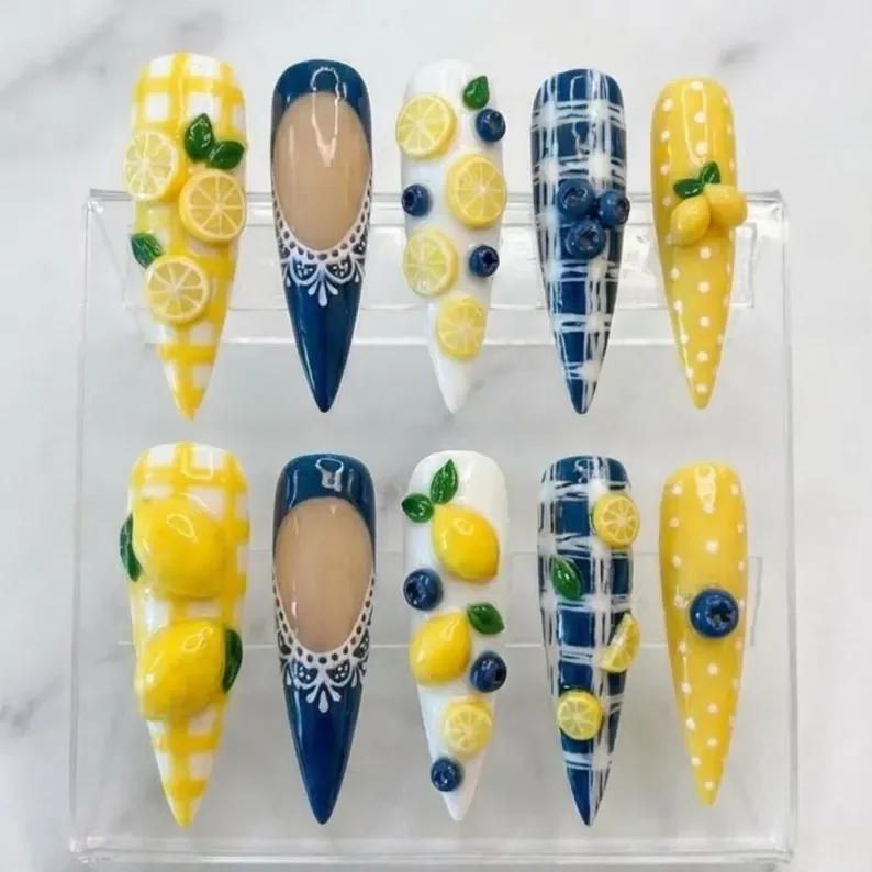 lemon blueberry press-on, 3D fruit nails, press on nails, custom press on nails, fake nails, Nails Art, stained glass nails, gold press on nails, 3d press on nails, luxury press on nails, handmade press on nails