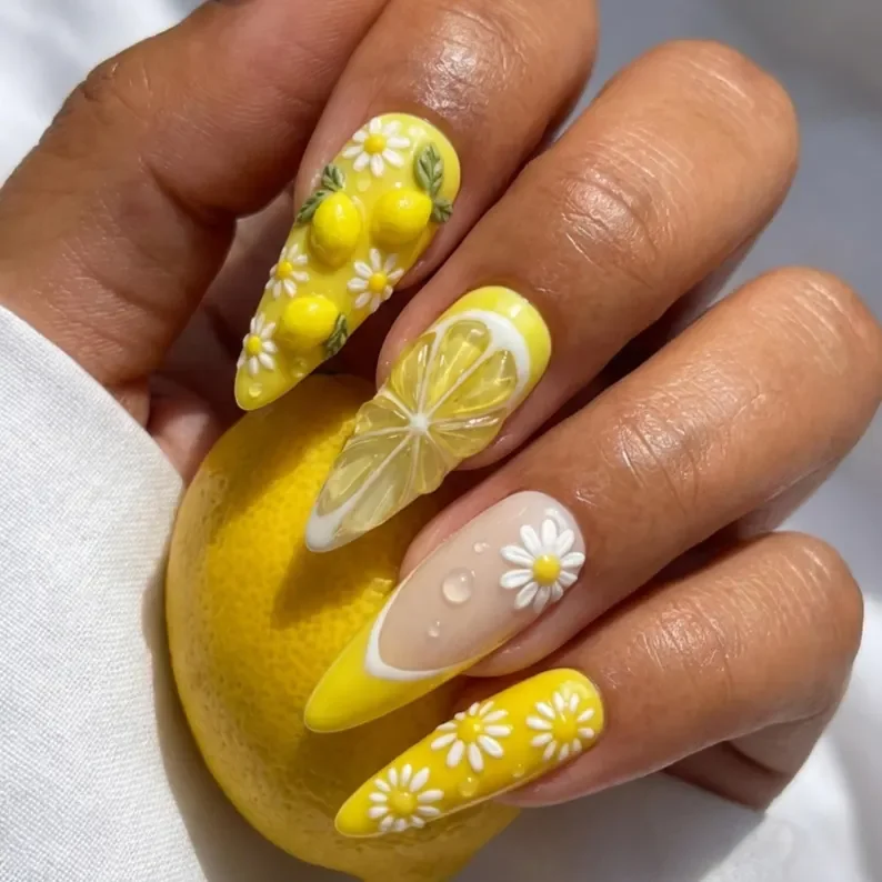 lemon slice nails, dew drops nails, press on nails, custom press on nails, fake nails, Nails Art, stained glass nails, gold press on nails, 3d press on nails, luxury press on nails, handmade press on nails
