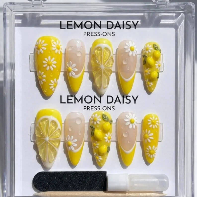 lemon slice nails, dew drops nails, press on nails, custom press on nails, fake nails, Nails Art, stained glass nails, gold press on nails, 3d press on nails, luxury press on nails, handmade press on nails