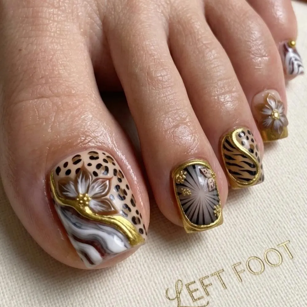 chrome pedicure, leopard floral press on, press on nails, custom press on nails, fake nails, Nails Art, stained glass nails, gold press on nails, 3d press on nails, luxury press on nails, handmade press on nails