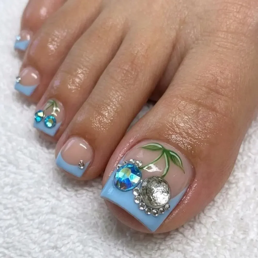 light blue french tip, press on toes, press on nails, custom press on nails, fake nails, Nails Art, stained glass nails, gold press on nails, 3d press on nails, luxury press on nails, handmade press on nails