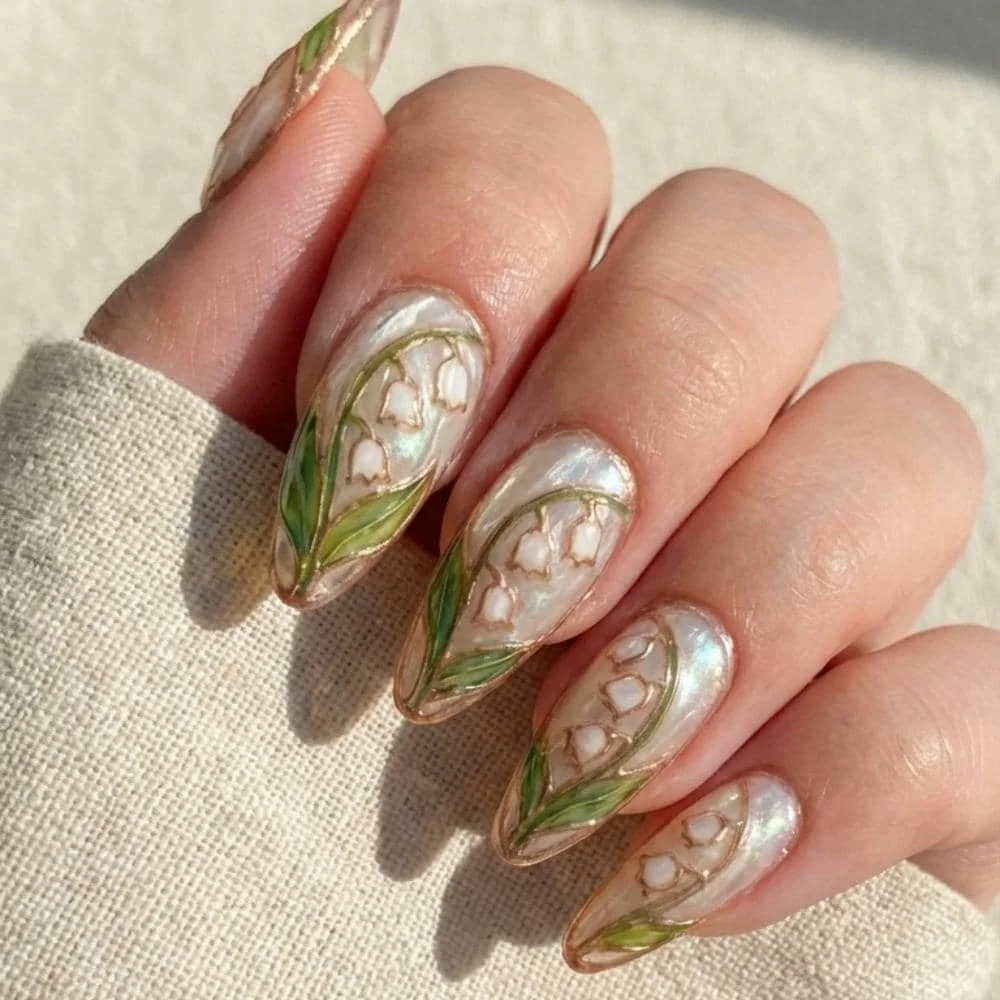 press on nails, lily of the valley, custom press on nails, fake nails, Nails Art, stained glass nails, gold press on nails, 3d press on nails, luxury press on nails, handmade press on nails