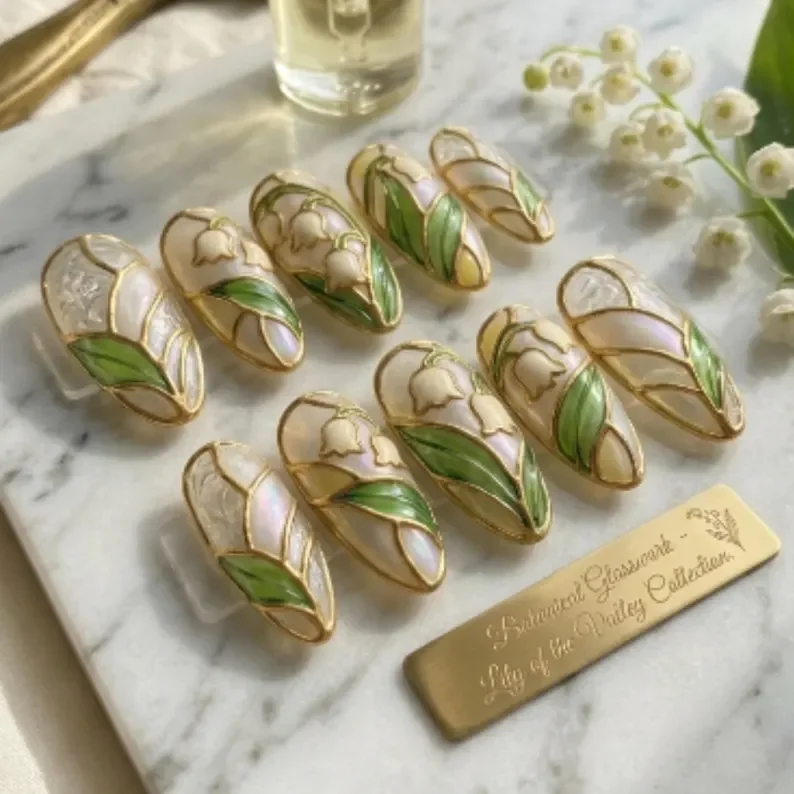 Lily of the Valley, Stained Glass Nails, press on nails, custom press on nails, fake nails, Nails Art, stained glass nails, gold press on nails, 3d press on nails, luxury press on nails, handmade press on nails