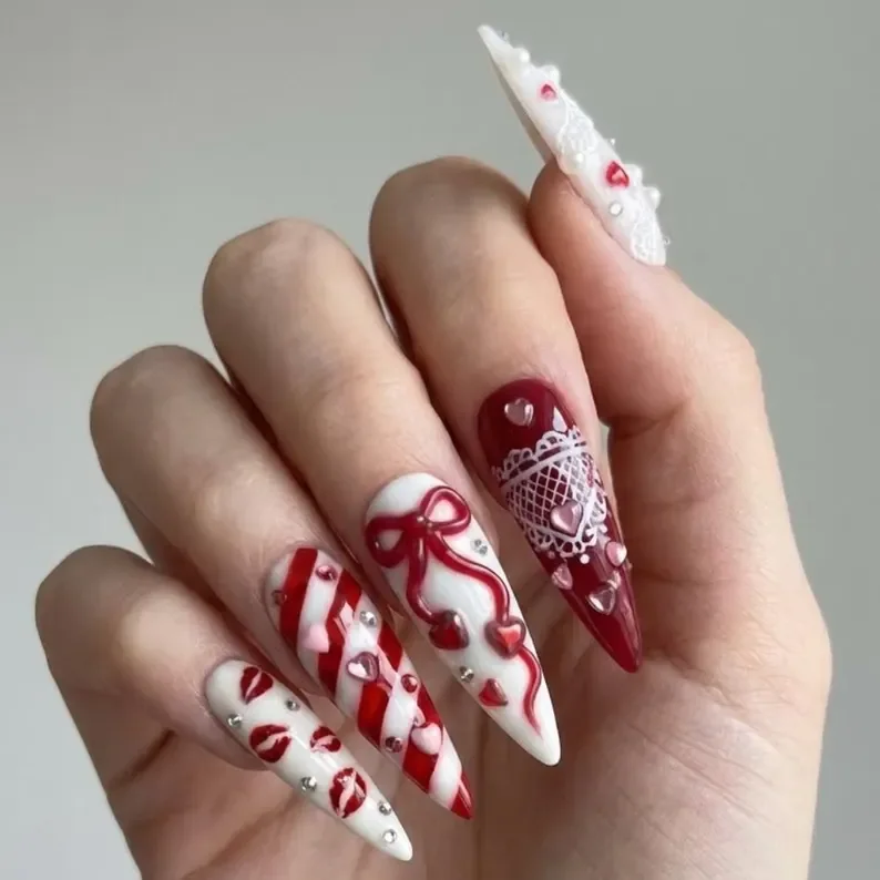 3D bow nail art, Lace nail design, press on nails, custom press on nails, fake nails, Nails Art, stained glass nails, gold press on nails, 3d press on nails, luxury press on nails, handmade press on nails