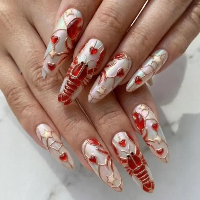 cloisonné nails, lobster love nails, press on nails, custom press on nails, fake nails, Nails Art, stained glass nails, gold press on nails, 3d press on nails, luxury press on nails, handmade press on nails