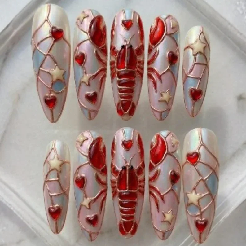 iridescent heart, star nail art, press on nails, custom press on nails, fake nails, Nails Art, stained glass nails, gold press on nails, 3d press on nails, luxury press on nails, handmade press on nails