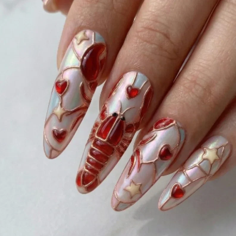 heart and star, press on nails, custom press on nails, fake nails, Nails Art, stained glass nails, gold press on nails, 3d press on nails, luxury press on nails, handmade press on nails