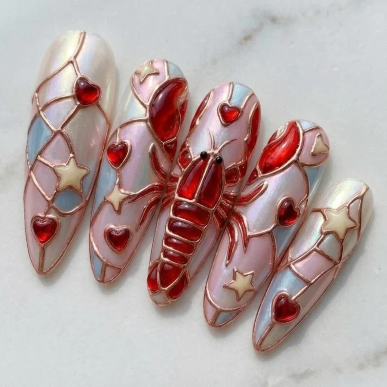 iridescent rose gold, stained glass nails, press on nails, custom press on nails, fake nails, Nails Art, gold press on nails, 3d press on nails, luxury press on nails, handmade press on nails