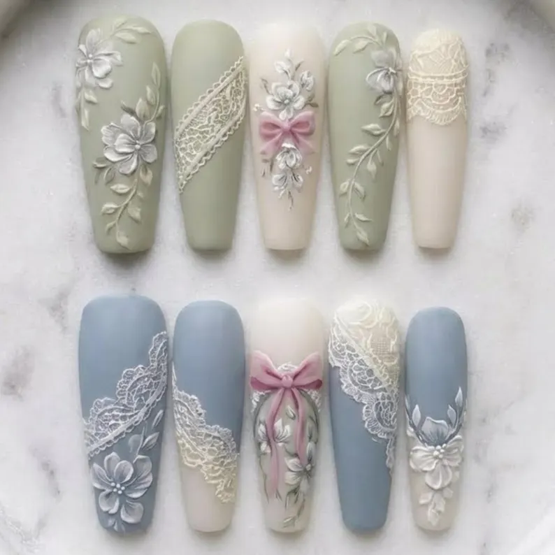 3D lace nails, Floral color options, press on nails, custom press on nails, fake nails, Nails Art, stained glass nails, gold press on nails, 3d press on nails, luxury press on nails, handmade press on nails