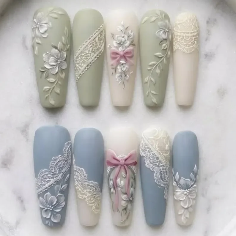 Lolita 3D Lace, Bloom press on, press on nails, custom press on nails, fake nails, Nails Art, stained glass nails, gold press on nails, 3d press on nails, luxury press on nails, handmade press on nails
