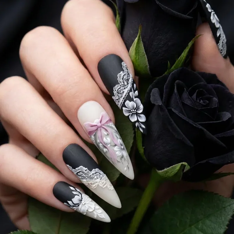 Coquette nails, Lace and bloom, press on nails, custom press on nails, fake nails, Nails Art, stained glass nails, gold press on nails, 3d press on nails, luxury press on nails, handmade press on nails