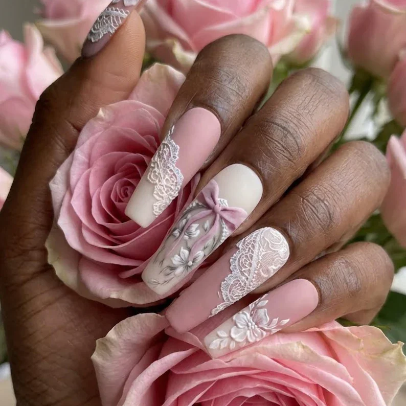 Lolita 3D Lace, Bloom press on, press on nails, custom press on nails, fake nails, Nails Art, stained glass nails, gold press on nails, 3d press on nails, luxury press on nails, handmade press on nails