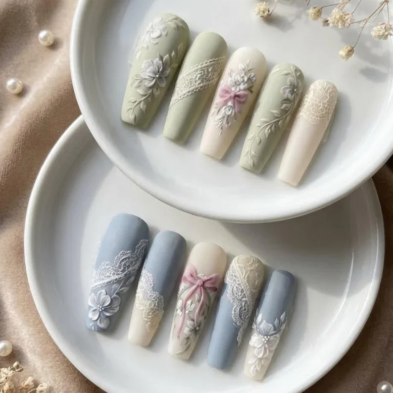 Coquette floral, Press-on nails, press on nails, custom press on nails, fake nails, Nails Art, stained glass nails, gold press on nails, 3d press on nails, luxury press on nails, handmade press on nails