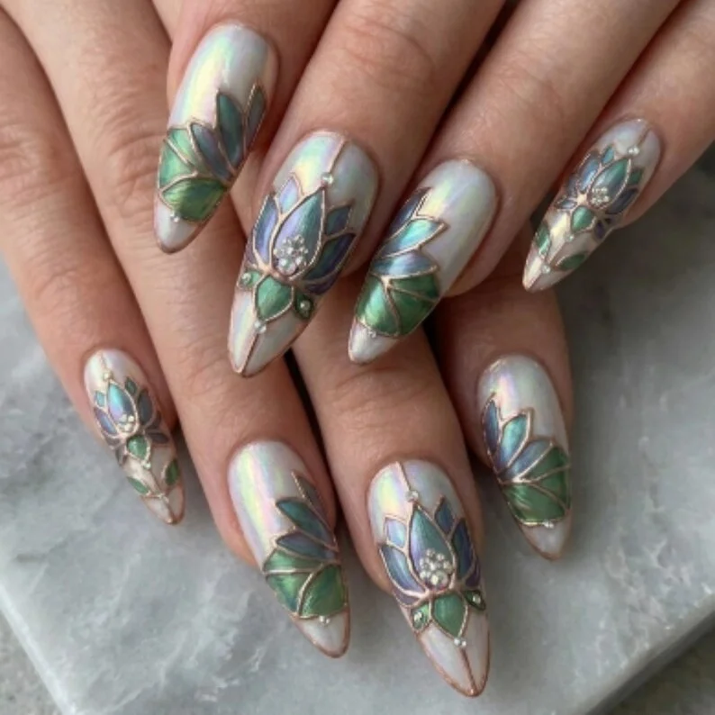 jewel tone nail art, cloisonné nail design, press on nails, custom press on nails, fake nails, Nails Art, stained glass nails, gold press on nails, 3d press on nails, luxury press on nails, handmade press on nails