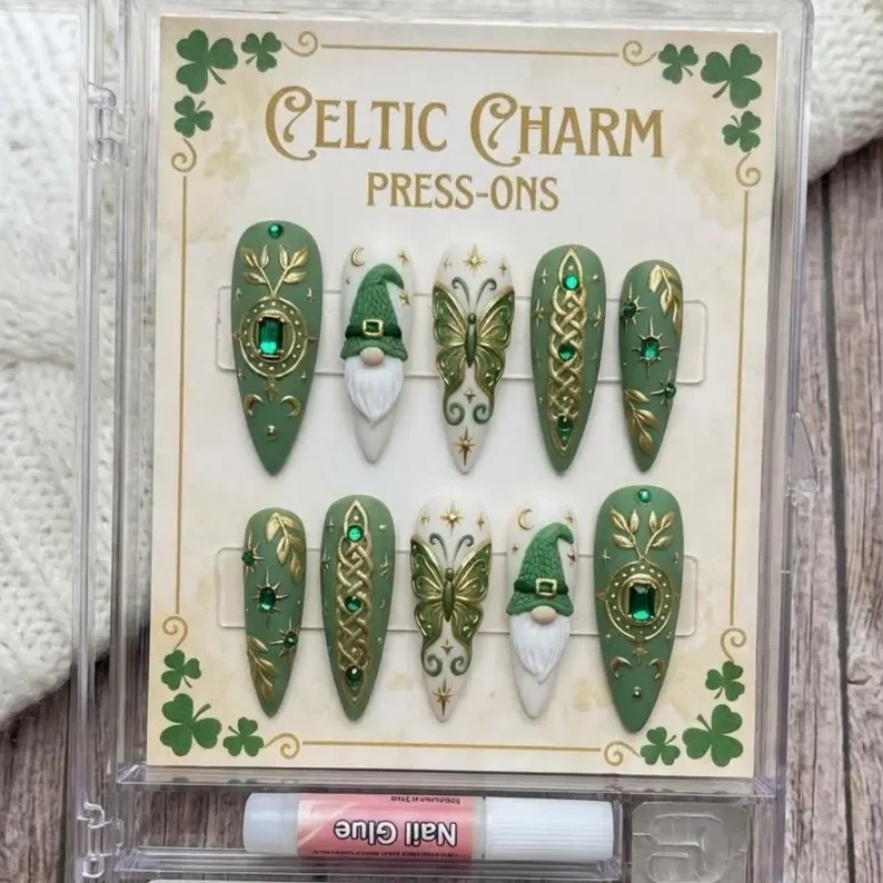 3D Press On Nails, Forest Magic, press on nails, custom press on nails, fake nails, Nails Art, stained glass nails, gold press on nails, 3d press on nails, luxury press on nails, handmade press on nails