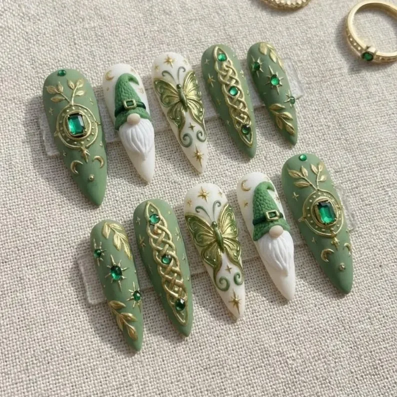 St. Patrick’s Day Nails, Press-On Nail Set, press on nails, custom press on nails, fake nails, Nails Art, stained glass nails, gold press on nails, 3d press on nails, luxury press on nails, handmade press on nails