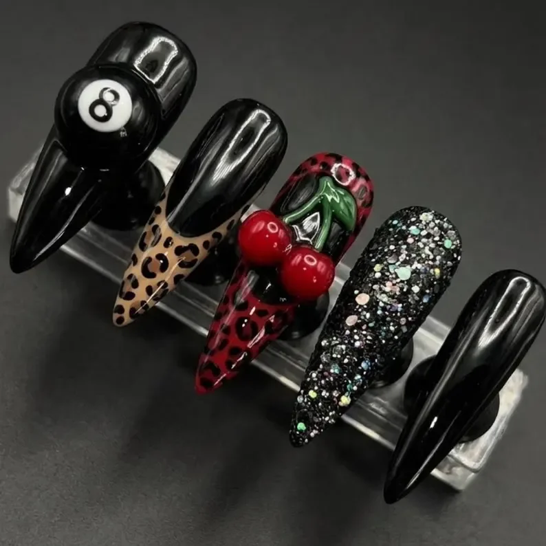 Lucky Strike 3D 8-Ball, Cherry press-on nails, press on nails, custom press on nails, fake nails, Nails Art, stained glass nails, gold press on nails, 3d press on nails, luxury press on nails, handmade press on nails
