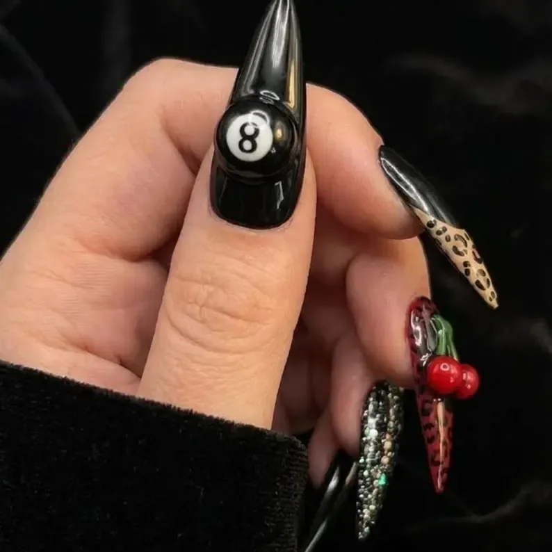 Retro rockabilly, Black glitter nail art, press on nails, custom press on nails, fake nails, Nails Art, stained glass nails, gold press on nails, 3d press on nails, luxury press on nails, handmade press on nails