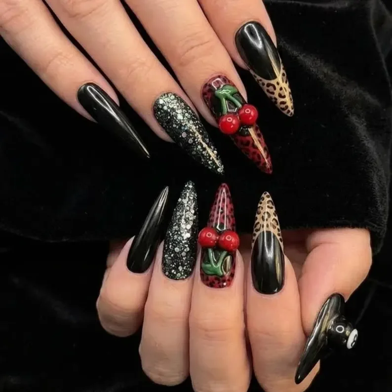 Press-on nail set, Rockabilly nail design, press on nails, custom press on nails, fake nails, Nails Art, stained glass nails, gold press on nails, 3d press on nails, luxury press on nails, handmade press on nails